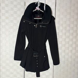 Miss Sixty Black Belted Trench Coat with High Collar Removable hood Size L